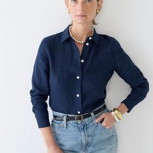 J.Crew Navy Blue Slim Fit Linen Button-Up Shirt Tall 10